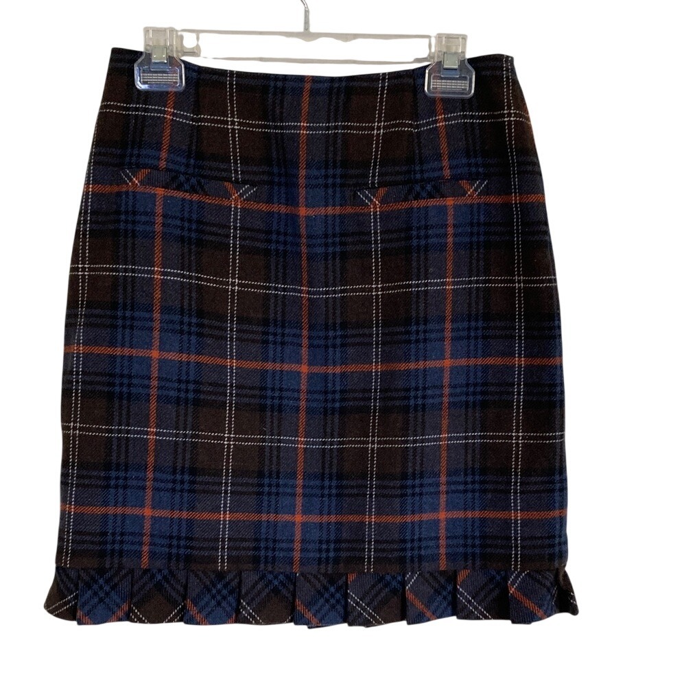 CAbi Womens Chilly Chantilly 742 Brown Blue Plaid Pencil Skirt Size 6 Coquette
